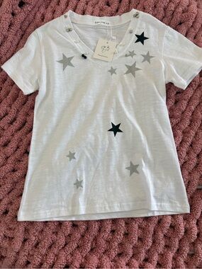 NWT Han Jian Na White V-Neck Star Print Embellished Slub Cotton T-Shirt Top